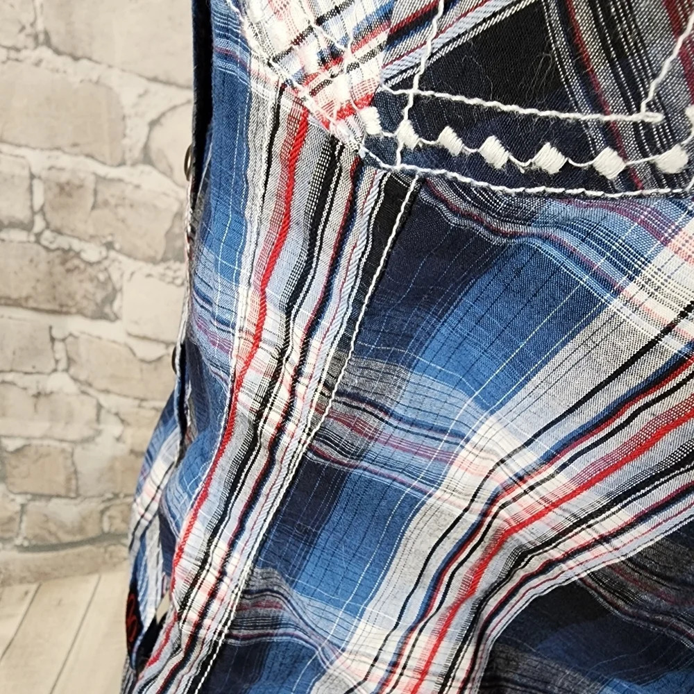 Panhandle Slim Plaid Pearl Snap Shirt  Embroidered Blue Red Size Medium - Picture 6 of 16